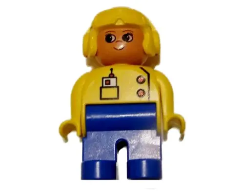 Duplo Figure, Female, Blue Legs, Yellow Top with Radio in Pocket, Yellow Aviator Helmet, Eyelashes, Turned Down Nose Image