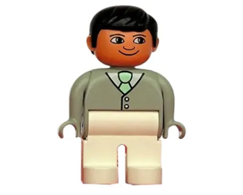 Duplo Figure, Male, White Legs, Light Gray Top with White Shirt and Light Green Tie, Black Hair Image