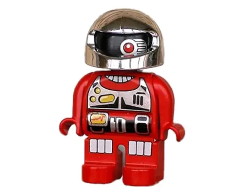 Duplo Figure, Robot Action Wheeler, Red Legs, Utility Belt, Chest Panel, One Red Eye and Silver Helmet Image