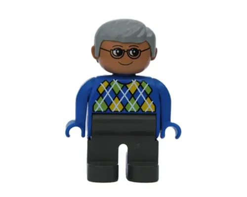 Duplo Figure, Male, Dark Gray Legs, Blue Argyle Sweater, Gray Hair, Glasses Image