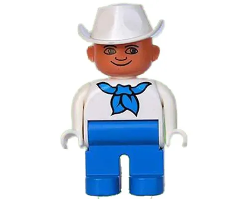 Duplo Figure, Male, Blue Legs, White Top with Blue Bandana, White Cowboy Hat, Plain Eyes Image