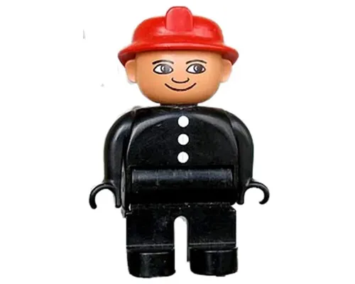 Duplo Figure, Male Fireman, Black Legs, Black Top with 3 White Buttons, Red Fire Helmet Image