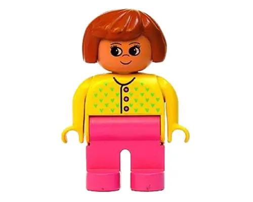 Duplo Figure, Female, Dark Pink Legs, Yellow Sweater with 3 Buttons and V Stitching, Dark Orange Hair Image