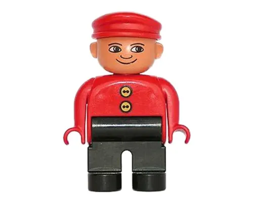 Duplo Figure, Male, Black Legs, Red Top with 2 Yellow Buttons, Red Cap Image