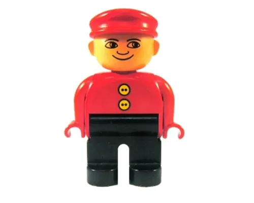 Duplo Figure, Male, Black Legs, Red Top with 2 Yellow Buttons, Red Cap, no White in Eyes Pattern Image