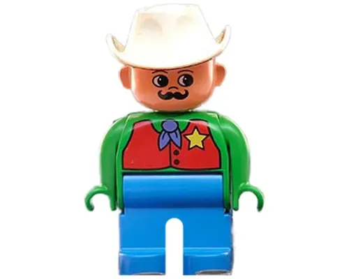 Duplo Figure, Male, Blue Legs, Green Top with Red Vest with Sheriff Star, Moustache, White Cowboy Hat Image