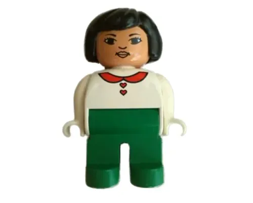 Duplo Figure, Female, Green Legs, White Blouse with Red Heart Buttons and Collar, Black Hair, Lips Image