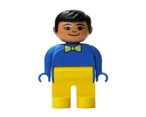 Duplo Figure, Male, Yellow Legs, Blue Top with Light Green Bow Tie, Black Hair, Grin Image