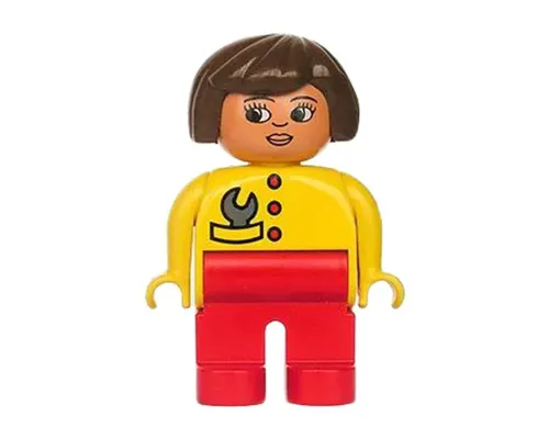 Duplo Figure, Female, Red Legs, Yellow Top with Red Buttons & Wrench in Pocket, Brown Hair, Turned Down Nose Image