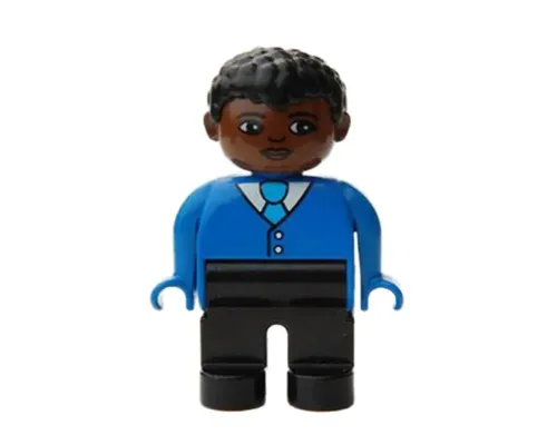 Duplo Figure, Male, Black Legs, Blue Top with Buttons and Tie, Black Curly Hair, Brown Head Image