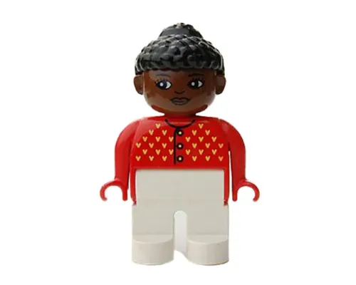 Duplo Figure, Female, White Legs, Red Sweater with Yellow V Stitching and Buttons, Black Curly Hair in Bun, Brown Head Image