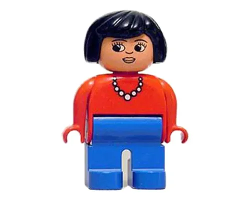 Duplo Figure, Female, Blue Legs, Red Top with Necklace, Black Hair Image