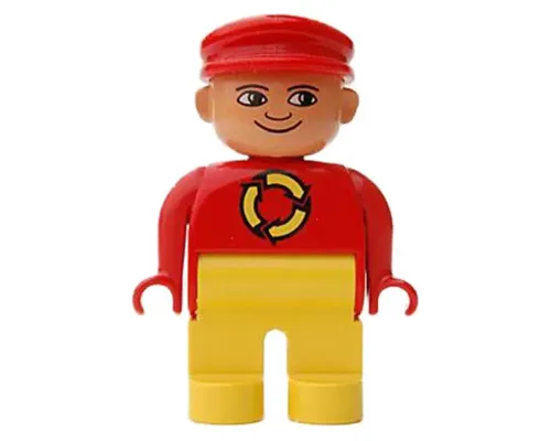 Duplo Figure, Male, Yellow Legs, Red Top with Recycle Logo, Red Cap, turned down Nose Image