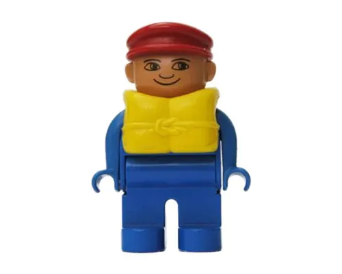 Duplo Figure, Male, Blue Legs, Blue Top, Life Jacket, Red Cap, no White in Eyes pattern Image