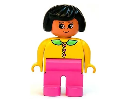 Duplo Figure, Female, Dark Pink Legs, Yellow Top with Dark Pink Buttons & Medium Green Collar, Black Hair Image