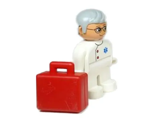 Duplo Figure, Male Medic, White Legs, White Top with EMT Star of Life Pattern, Gray Hair, Glasses Image