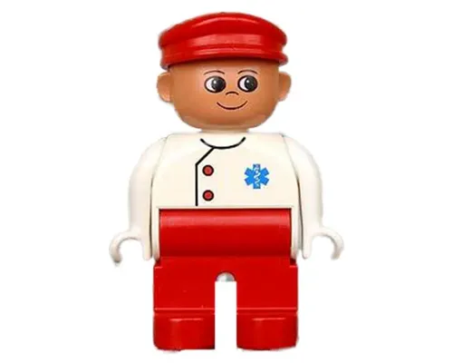 Duplo Figure, Male Medic, Red Legs, White Top with EMT Star of Life Pattern, Red Cap Image