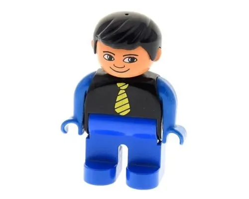 Duplo Figure, Male, Blue Legs, Black Top with Yellow Tie, Blue Arms, Black Hair, White in Eyes Image