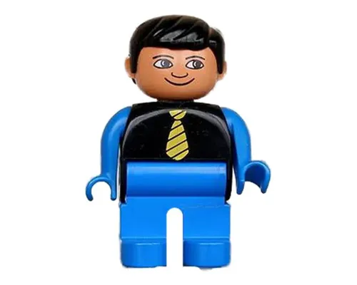 Duplo Figure, Male, Blue Legs, Black Top with Yellow Tie, Blue Arms, Black Hair Image