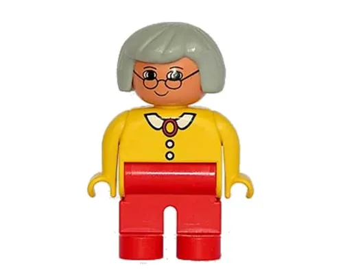 Duplo Figure, Female, Red Legs, Yellow Blouse with White Collar and 2 Buttons, Gray Hair, Glasses Image