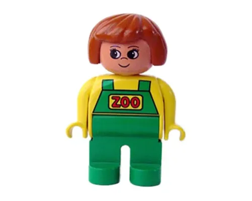 Duplo Figure, Female Zoo, Green Legs, Yellow Top with Green Overalls, Dark Orange Hair (Zoo Keeper) Image