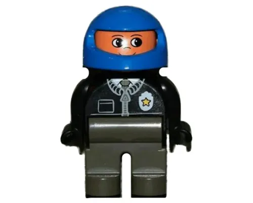 Duplo Figure, Male Police, Dark Gray Legs, Black Top with Zipper, Tie and Badge, Blue Racing Helmet Image