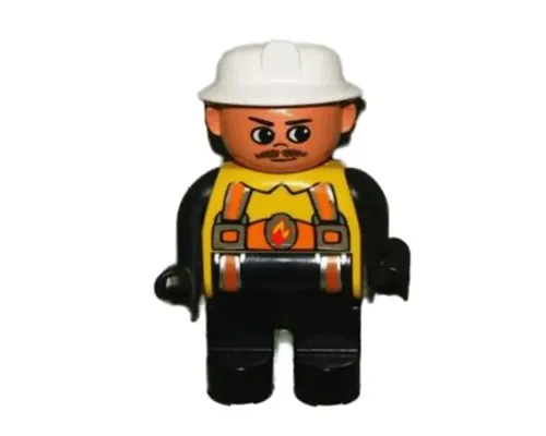 Duplo Figure, Male Fireman, Black Legs, Yellow Top with Flame and Orange Suspenders, White Fire Helmet, Moustache Image