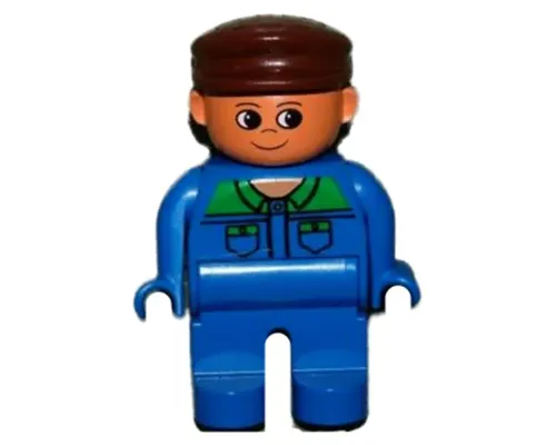 Duplo Figure, Male, Blue Legs, Blue Top with Green Collar and Pocket Tabs, Brown Cap Image