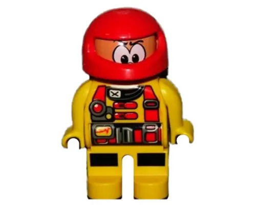 Duplo Figure, Male Action Wheeler, Yellow Legs, Yellow Top with Racer Pattern, Red Racing Helmet Image