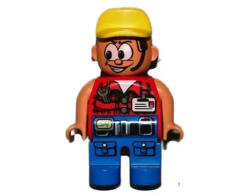 Duplo Figure, Male Action Wheeler, Blue Legs with Belt & Pockets, Red Vest with Wrench & ID, Yellow Cap Image