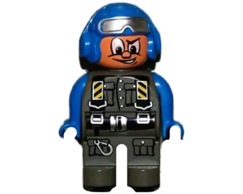 Duplo Figure, Male Action Wheeler, Dark Gray Legs, Dark Gray Jumpsuit, Blue Arms, Blue Aviator Helmet with Goggles Image