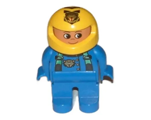 Duplo Figure, Male, Blue Legs, Blue Top with Green Suspenders and Tiger Logo, Yellow Helmet with Tiger Image