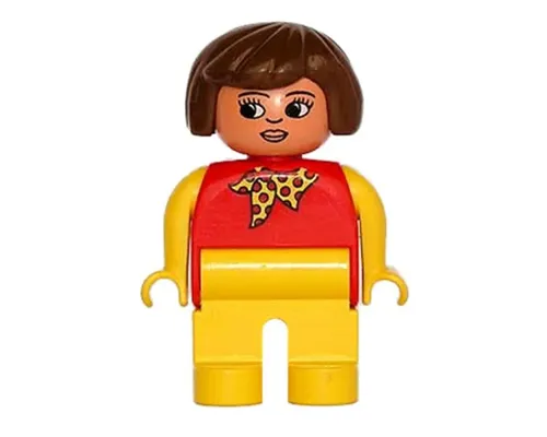 Duplo Figure, Female, Yellow Legs, Red Top with Yellow Polka Dot Scarf, Yellow Arms, Brown Hair, Nose and Lips, White in Eyes Image