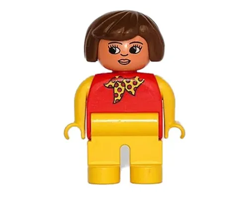 Duplo Figure, Female, Yellow Legs, Red Top with Yellow Polka Dot Scarf, Yellow Arms, Brown Hair, Grin Image