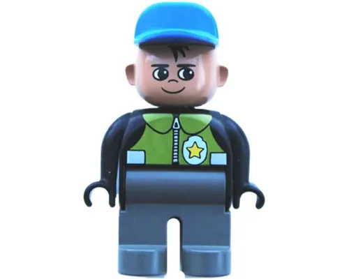 Duplo Figure, Male Police, Dark Gray Legs, Black Top with Pale Green Vest and Police Badge, Blue Cap Image