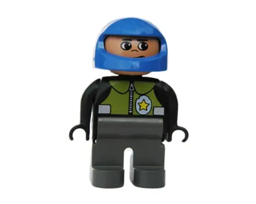 Duplo Figure, Male Police, Dark Gray Legs, Black Top with Pale Green Vest and Police Badge, Blue Helmet Image