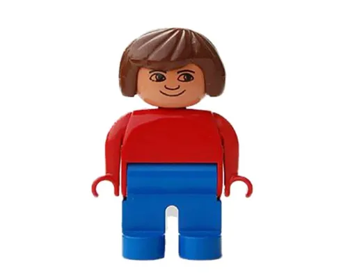 Duplo Figure, Female, Blue Legs, Red Top, Brown Hair, Eyelashes, Smile with Lips Image