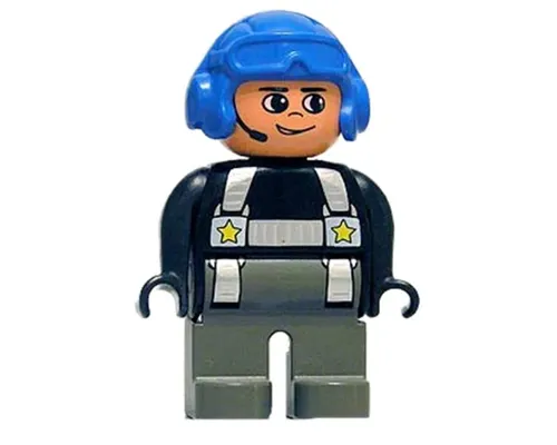 Duplo Figure, Male Police, Dark Gray Legs, Black Top with Silver Harness and Yellow Stars, Headset, Blue Aviator Helmet Image