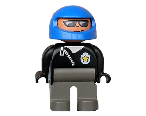 Duplo Figure, Male Police, Dark Gray Legs, Black Top Zippered Jacket and Police Badge, Blue Helmet Image