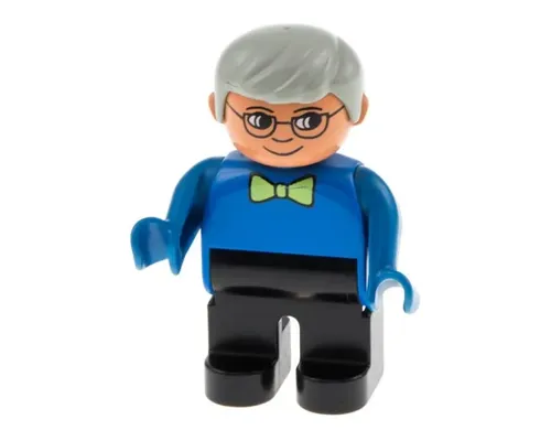 Duplo Figure, Male, Black Legs, Blue Top with Green Bow Tie, Gray Hair, Glasses Image