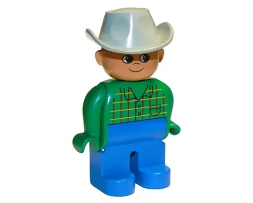 Duplo Figure, Male, Blue Legs, Green Top with Pocket, Light Gray Cowboy Hat Image