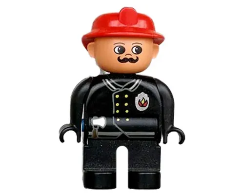 Duplo Figure, Male Fireman, Black Legs, Black Top with Flame Logo, Red Fire Helmet, Moustache Image