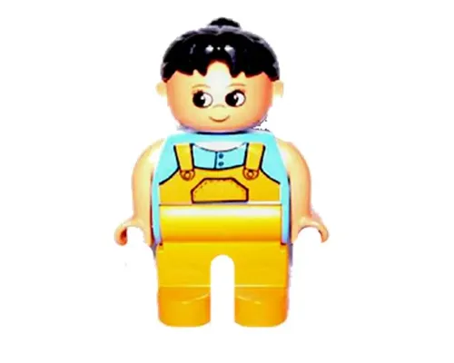 Duplo Figure, Female, Medium Orange Legs, Medium Blue Top with Overalls, Black Hair Image