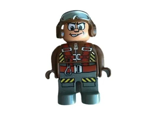 Duplo Figure, Male Action Wheeler, Dark Gray Legs, Brown Top with Parachute Straps, Brown Helmet with Goggles Image