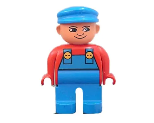 Duplo Figure, Male, Blue Legs, Red Top with Blue Overalls, Blue Cap, Turned Down Nose Image