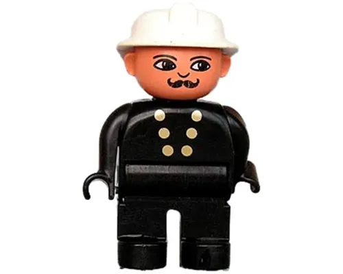 Duplo Figure, Male Fireman, Black Legs, Black Top with 6 Gold Buttons, White Fire Helmet, Moustache Image