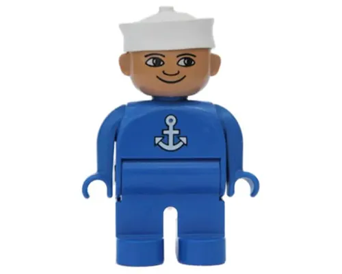 Duplo Figure, Male, Blue Legs, Blue Top with White Anchor, White Sailor Hat Image