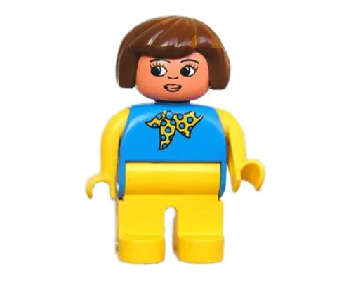 Duplo Figure, Female, Yellow Legs, Blue Top with Yellow and Blue Polka Dot Scarf, Yellow Arms, Brown Hair Image