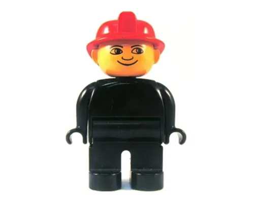 Duplo Figure, Male Fireman, Black Legs, Black Top (no buttons), Red Fire Helmet, no White in Eyes Pattern Image