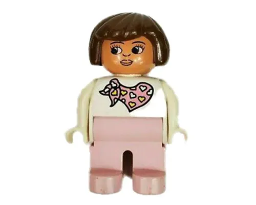 Duplo Figure, Female, Pink Legs, White Top with Pink Scarf with Hearts Pattern, Brown Hair Image